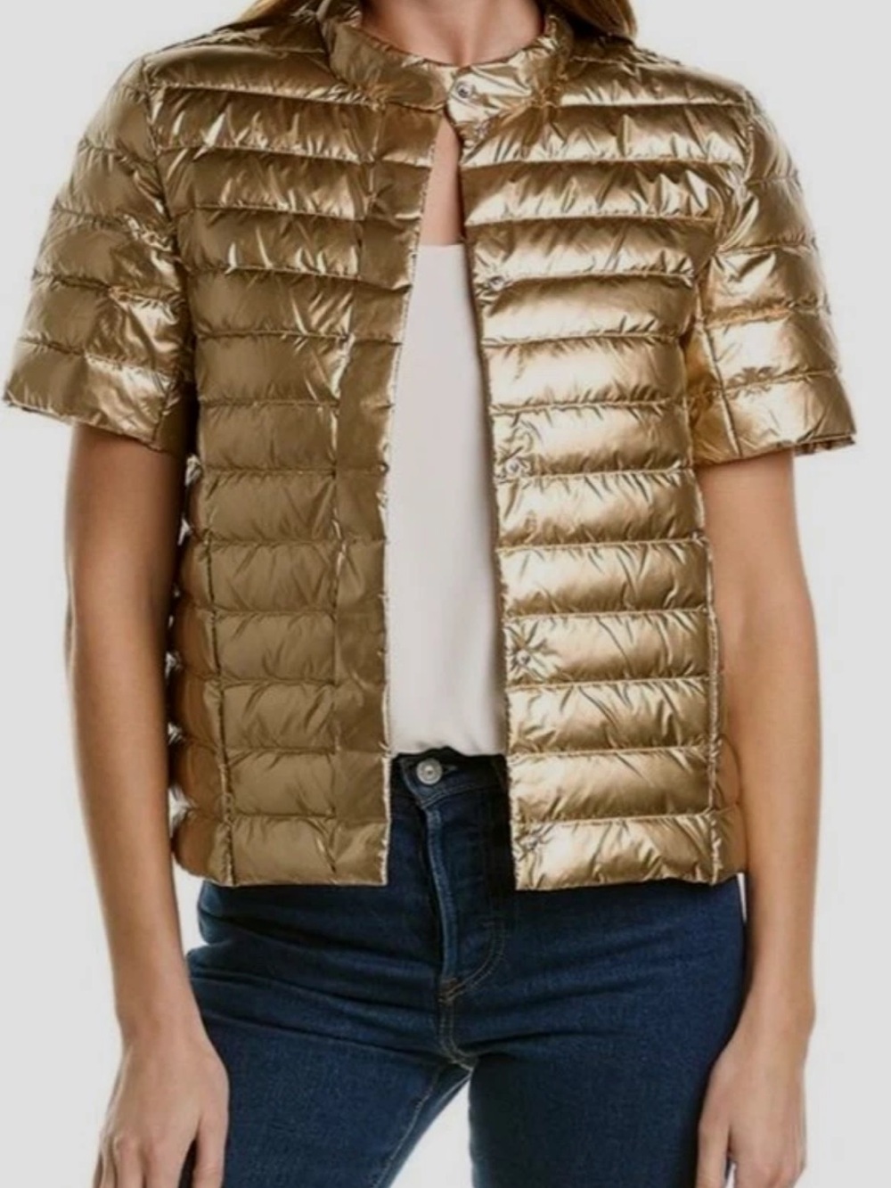J Mclaughlin Amira Puffer Jacket Short Sleeve Goose Down Quilted Gold